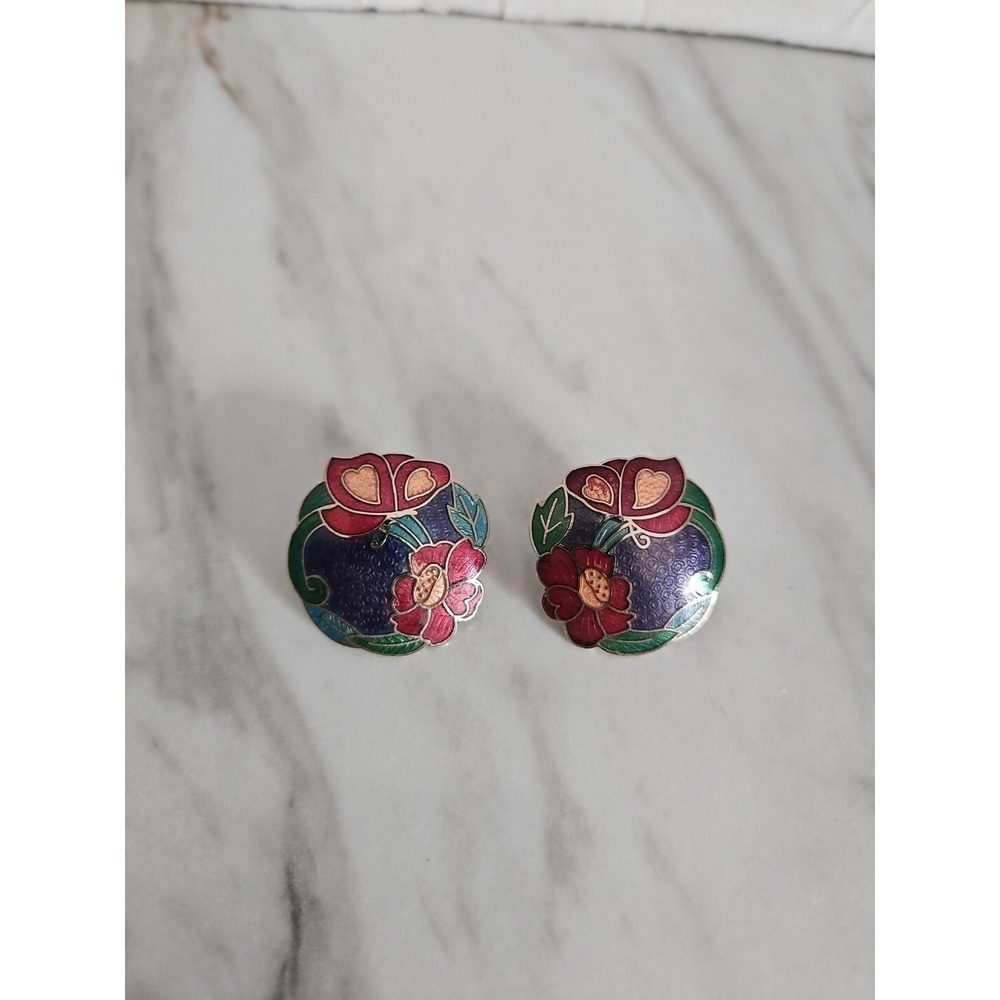 Vtg Red Butterfly Red Flower Cloisonne Enamel Round Pierced Earrings W Purple